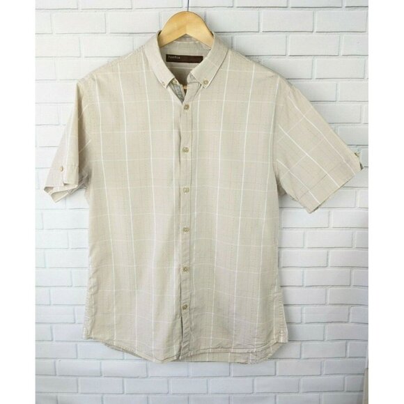 Perry Ellis Tan Plaid Button Down Short Sleeve Shirt Tan brown Men's Medium - Picture 8 of 12